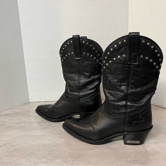 Harley Davidson Western Vintage Silver Studded Black Leather Cowgirl Boots - Picture 13 of 15